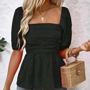 Black Casual Women's Plain Minimalist Pintucked Blouse